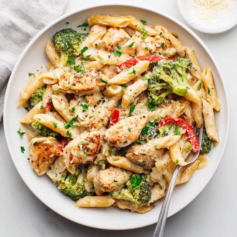 One-skillet Cajun Chicken Broccoli Pasta: vibrant colors, tender chicken, and perfectly cooked penne.