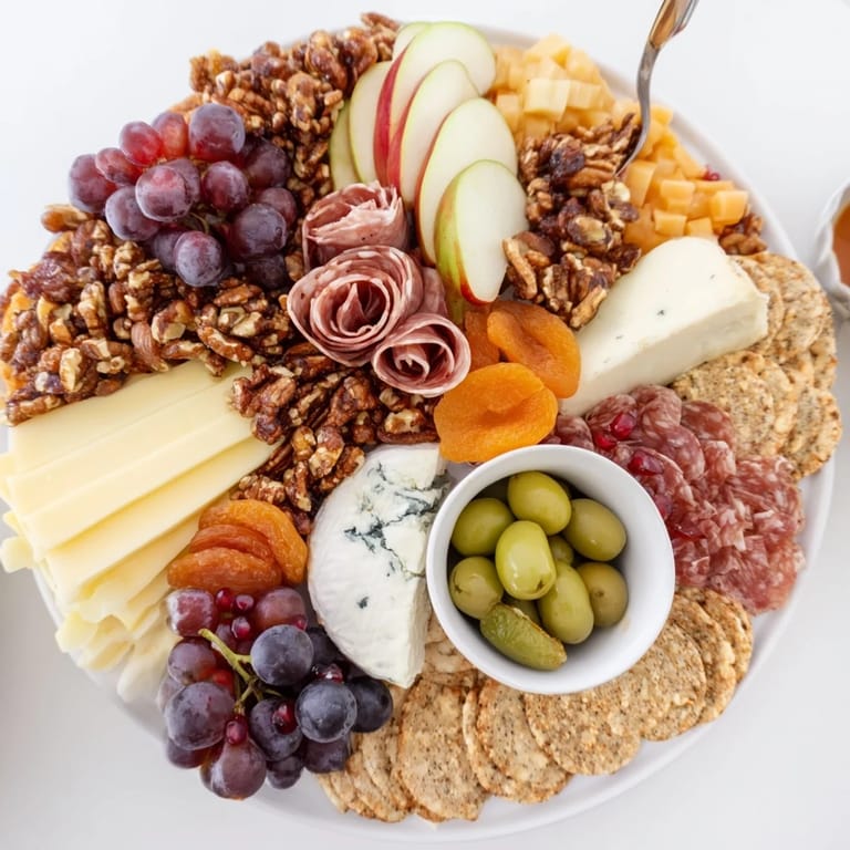 Delicious charcuterie board featuring sweet maple glazed nuts and assorted cheeses.
