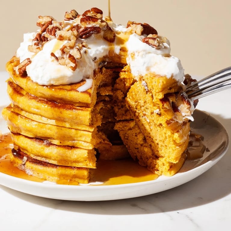Autumn-inspired Maple Bourbon Pumpkin Pancake towers topped with a luscious maple glaze.