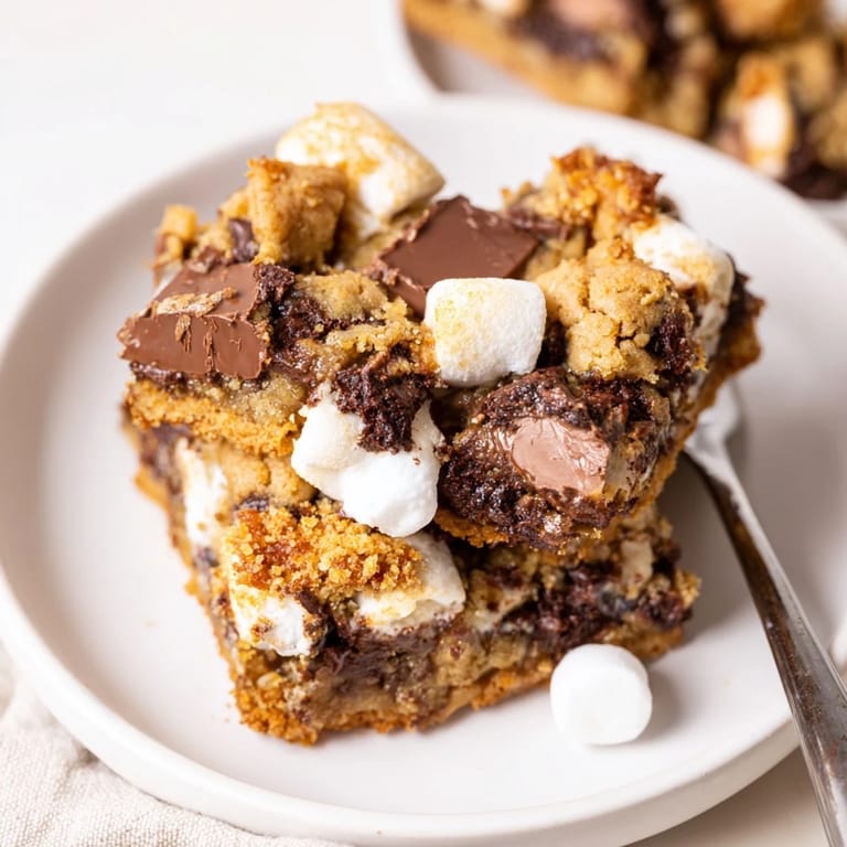Layered Chaos Cake S'mores Cookie Bars, showcasing rich chocolate, graham crackers, and marshmallows.