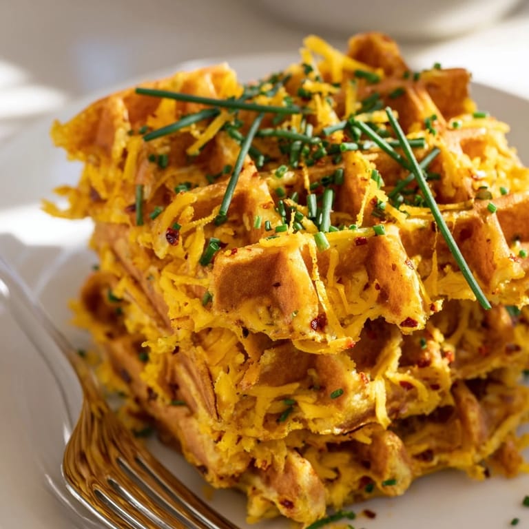 Golden brown biscuit waffles packed with sharp cheddar and garlic for brunch.  