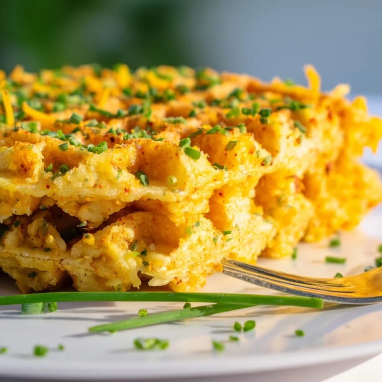 Fluffy chili garlic cheese waffles, perfect for dipping in creamy tomato soup.