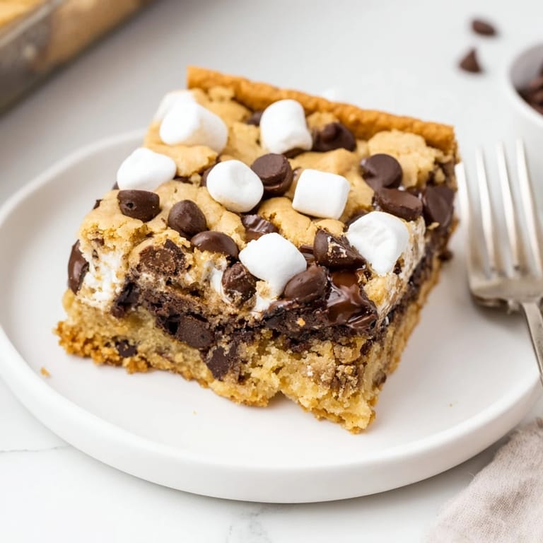 Gooey Chaos Cake S'mores Cookie Bars topped with crispy graham crackers and melted chocolate.