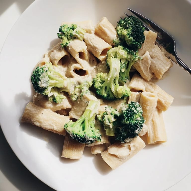Comforting Broccoli & White Bean Alfredo, a nutritious dish rich in plant-based protein.