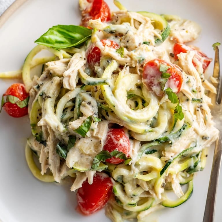 Bright cherry tomatoes complement this One-Pot Zucchini Noodle Alfredo meal for freshness.
