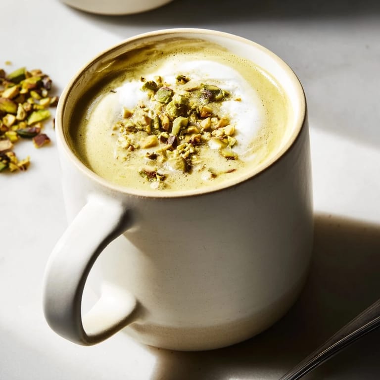 Homemade pistachio milk latte, fragrant and frothy, enjoyed warm or iced.  