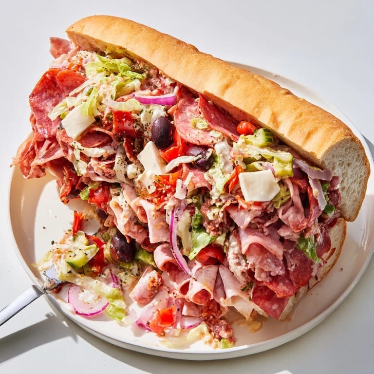 Delicious Flavor Mash-Up Sandwiches featuring salami, turkey, and crunchy vegetables for a tasty bite.