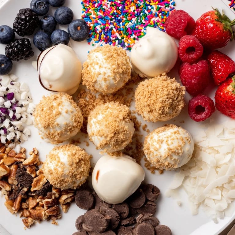 Colorful toppings and cheesecake bites create a delightful and customizable dessert board.  