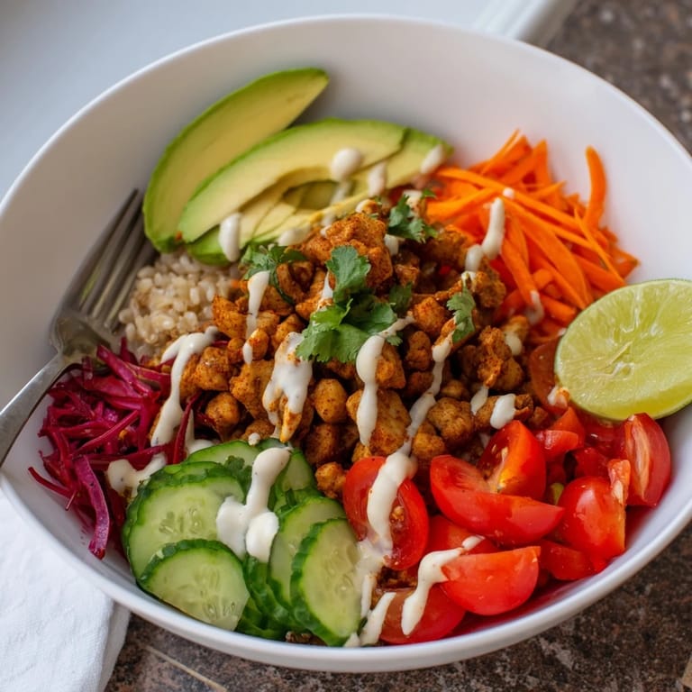 Satisfying plant-based meat bowl garnished with avocado, cilantro, and cherry tomatoes.