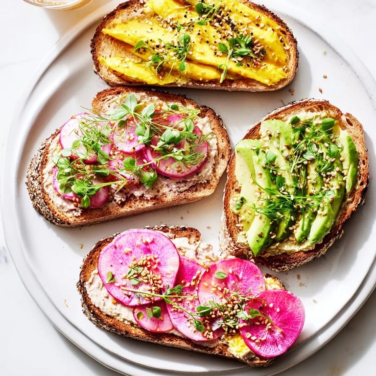 Colorful bright and bold breakfast toasts with creamy ube and ripe avocado layers.