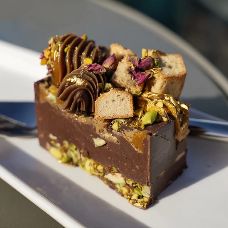 Rich, fusion-style Chocolate Bar Inspired Creations topped with edible gold leaf and rose petals.