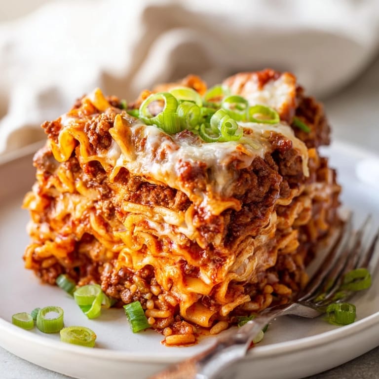 Savor the rich flavors of Spicy Ramen Lasagna, a fusion of spicy noodles and cheese.  