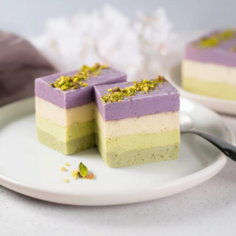 Delicious ube and pistachio ice cream bars drizzled with condensed milk and nuts.