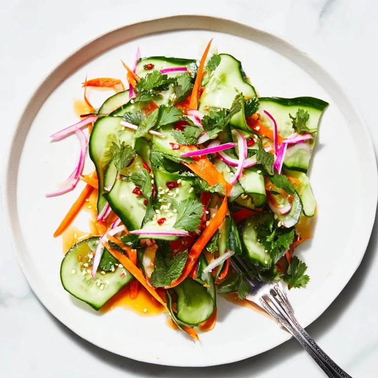 Vibrant cucumber salad remix drizzled with tangy fish sauce, perfect for light meals.  