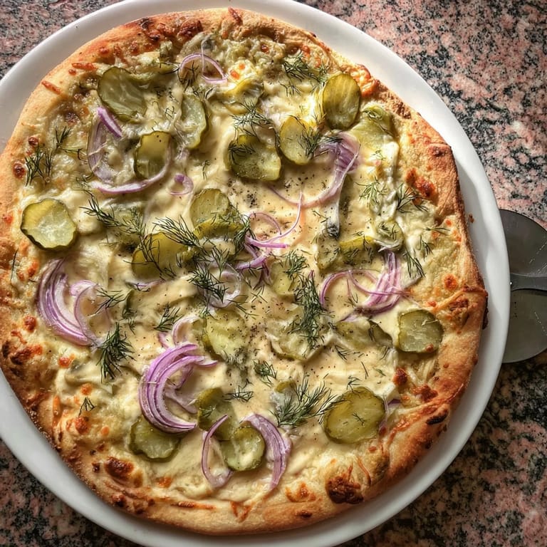Unique Pickle Pizza with rich crème fraîche sauce and vibrant dill garnish.