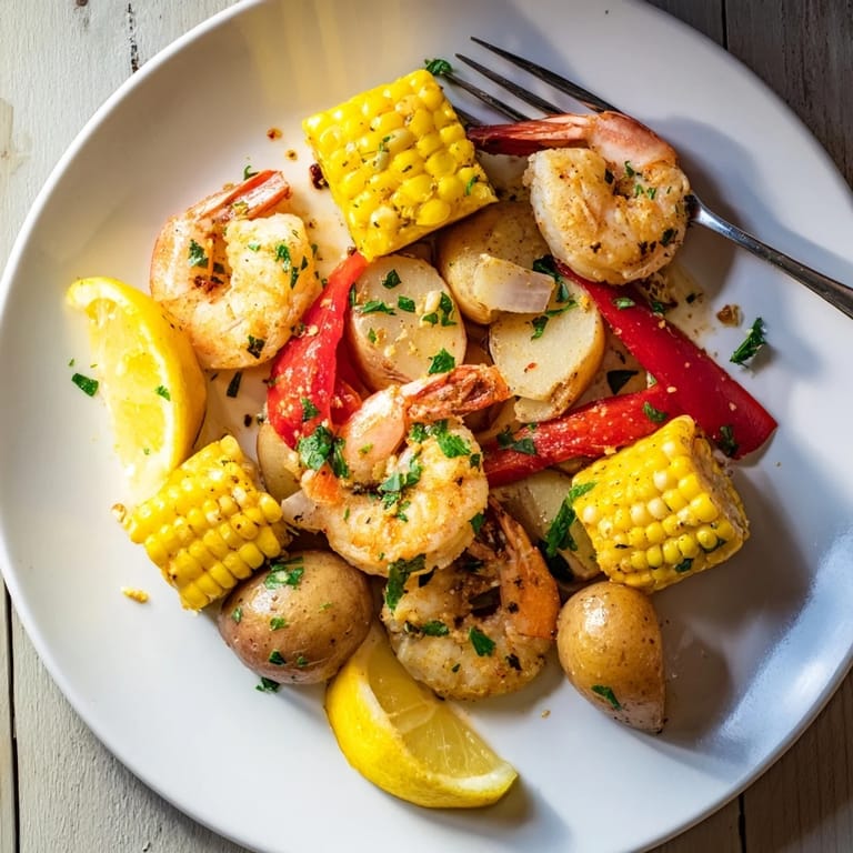 Succulent Cajun shrimp & sweet corn served alongside golden roasted potatoes.  