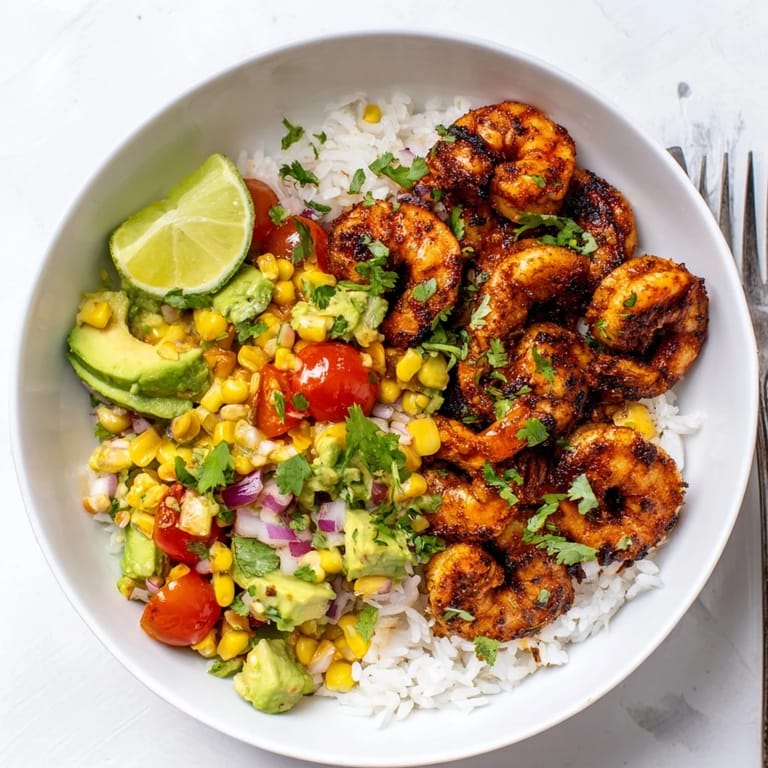 Spicy blackened shrimp served on fluffy rice with fresh avocado corn salsa.