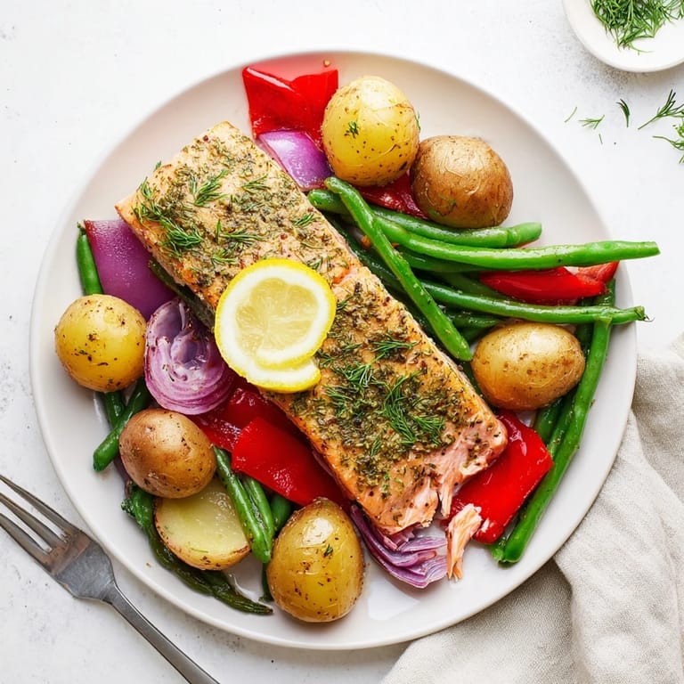 Tender salmon fillets with roasted potatoes and veggies drenched in zesty lemon sauce.  