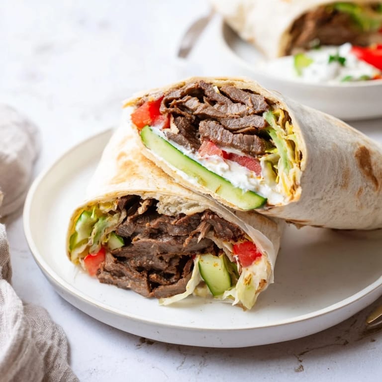 Sizzling beef strips in warm flatbreads, paired with tangy yogurt sauce delights.  