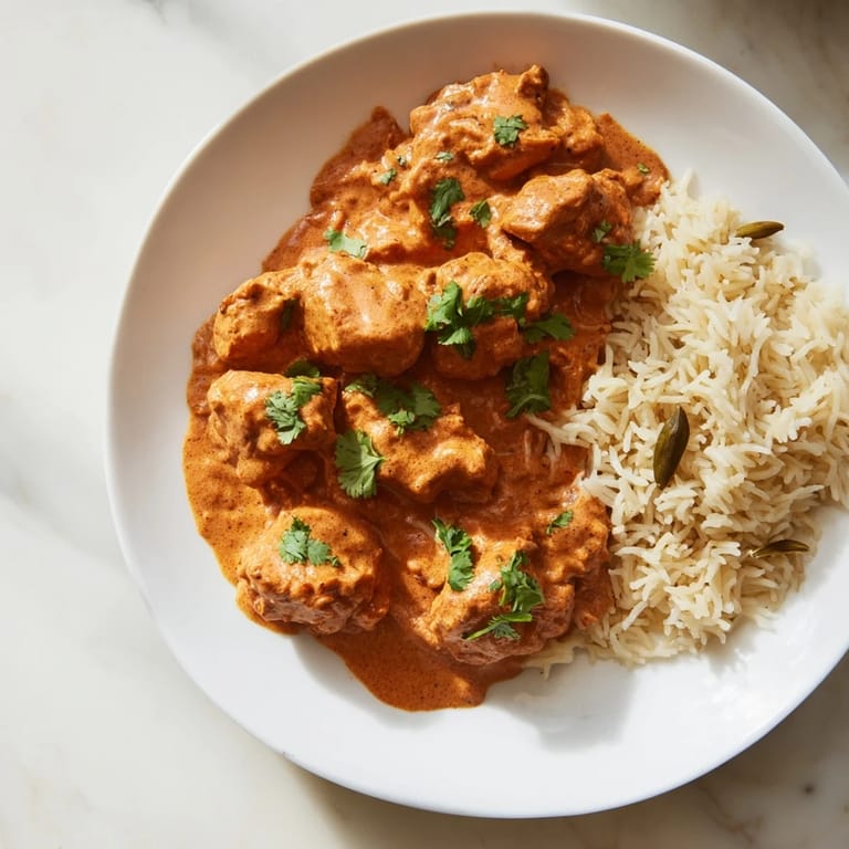Tender chicken in a luscious butter chicken sauce next to a bed of aromatic rice pilaf for a flavorful meal.