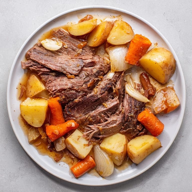 Golden-brown Sunday Pot Roast with a rich gravy, vegetables, and ready to serve for family.