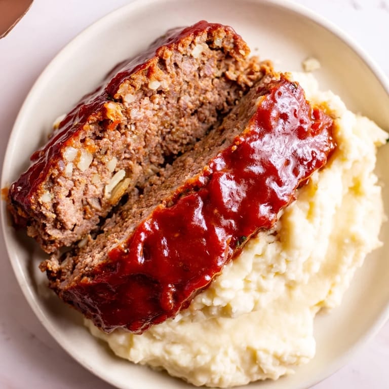 A hearty plate of Classic Meatloaf & Mashed Potatoes, with the meatloaf glistening from a sweet glaze.