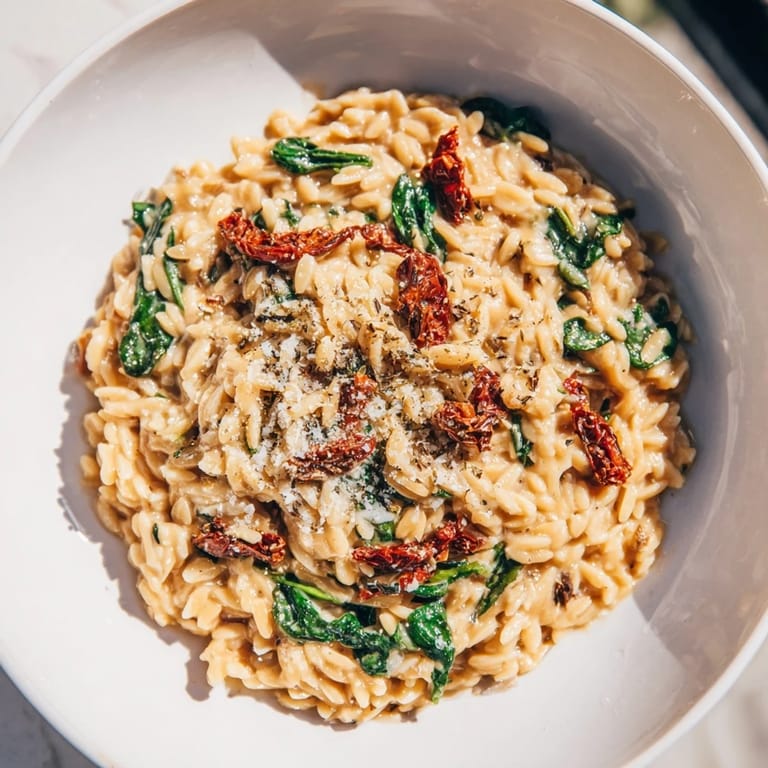 Savory Creamy Tuscan Orzo Bowl, garnished with Parmesan, inviting you to enjoy this flavorful dish.