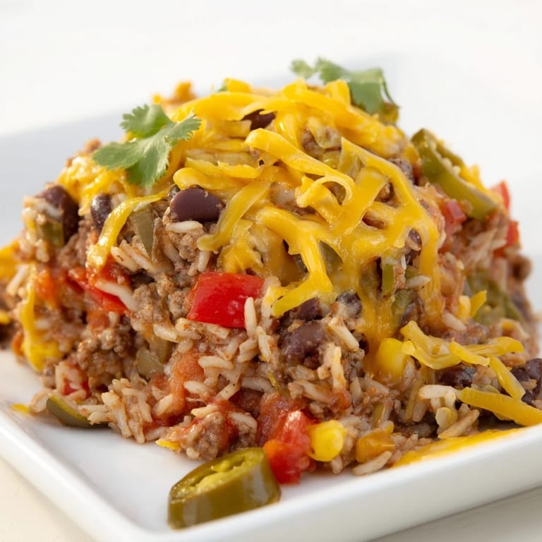 Close-up of a Tex-Mex Beef & Rice Casserole, with cheese that's golden brown, ready for serving.