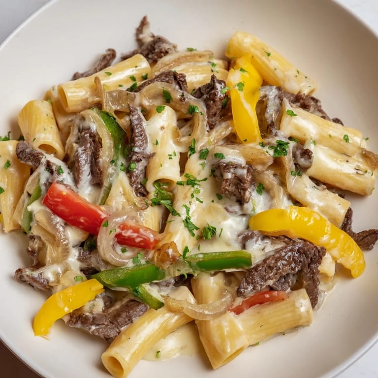 A close-up of Philly Cheese Steak Pasta, highlighting the rich flavors and textures of this comfort food.