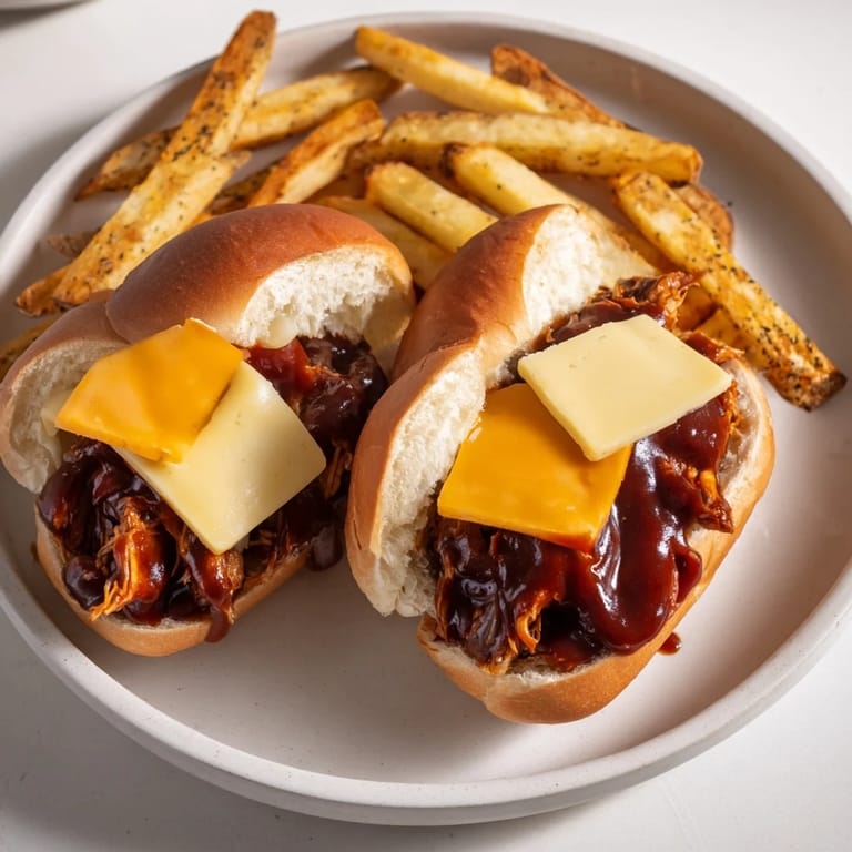 Freshly made BBQ Chicken Sliders with coleslaw, looking savory, accompanied by a mountain of golden, seasoned fries.