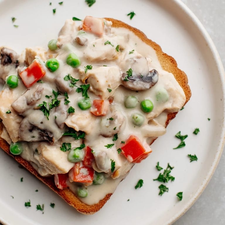 Picture this: steaming Chicken à la King, rich with vegetables, ready to be enjoyed over crispy toast.