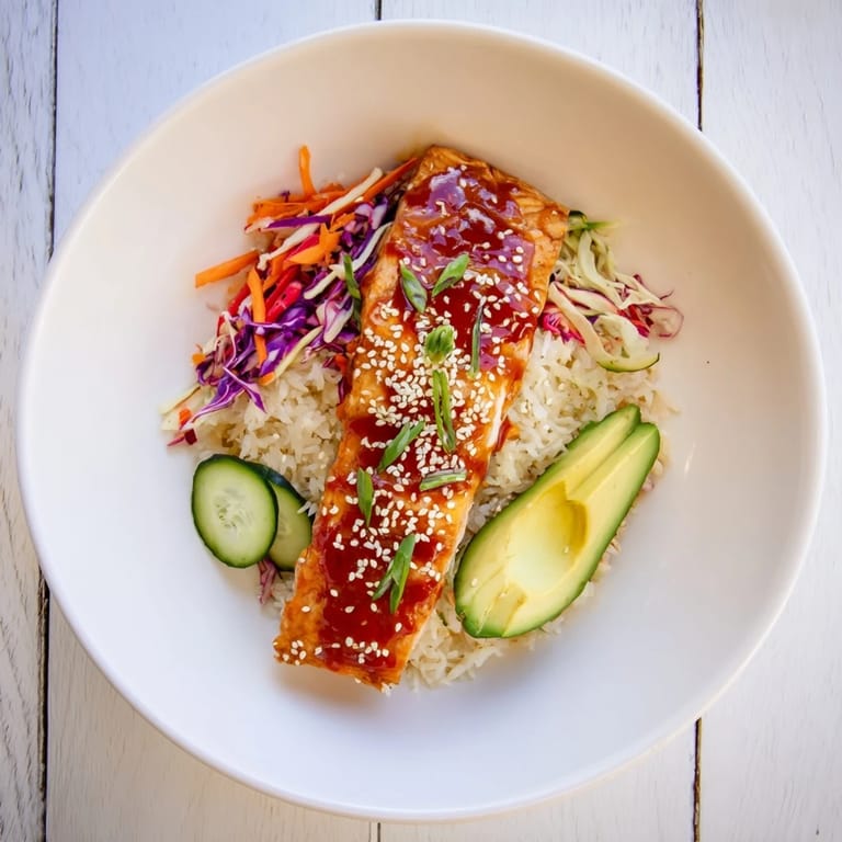 A delicious sweet chili salmon rice bowl, featuring flaky salmon nestled atop fluffy rice.