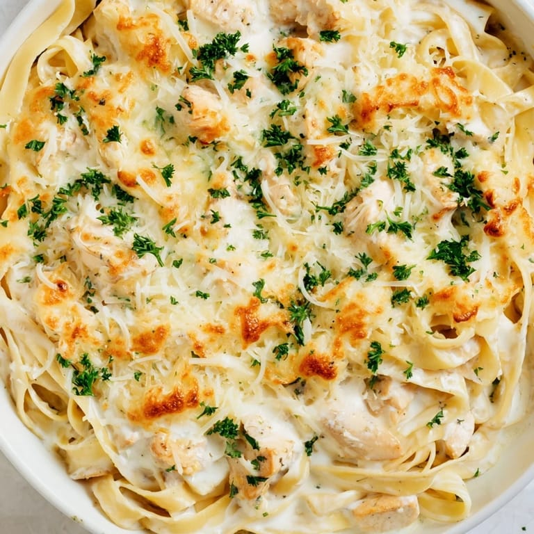 Cheesy Chicken Fettuccine Alfredo Bake, featuring creamy pasta, chicken, and bubbly melted cheese fresh from the oven.