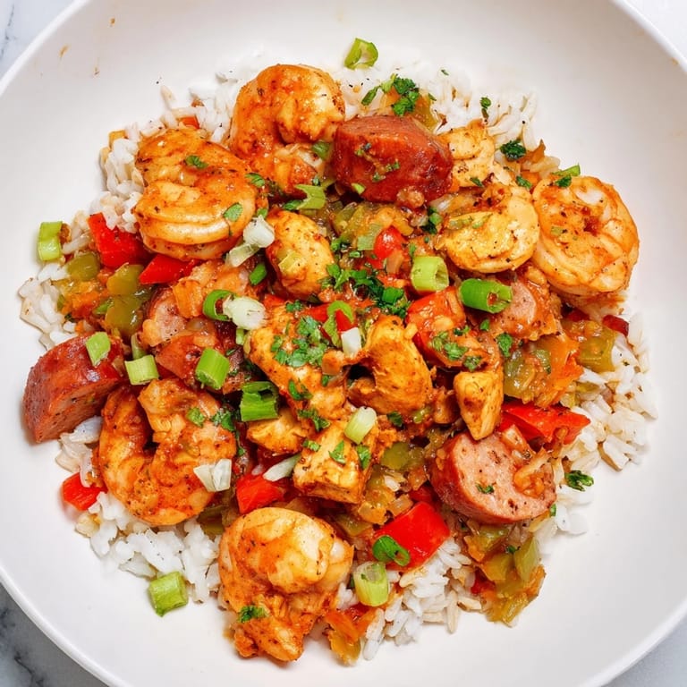 Close up of a Cajun Jambalaya Rice Bowl, showcasing the vibrant colors and hearty ingredients in each bite.