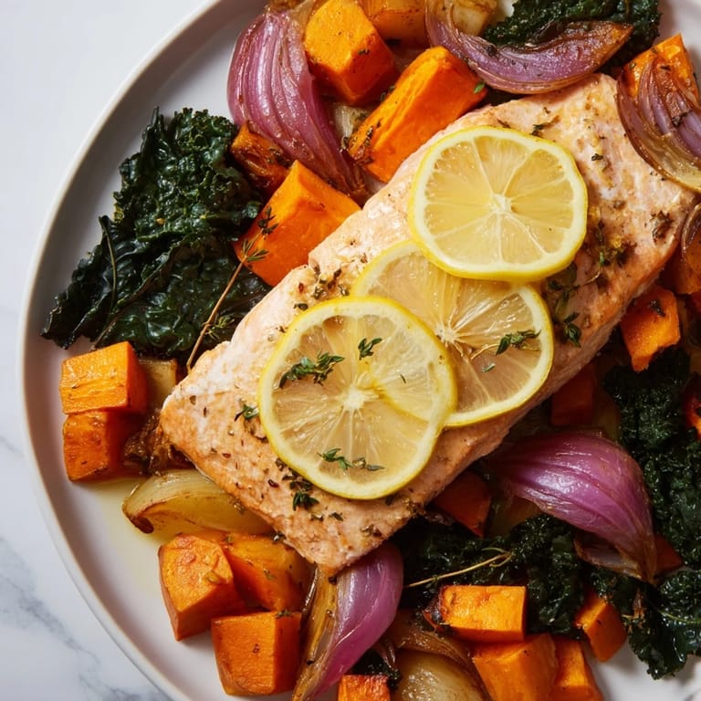 Golden-brown Sheet-Pan Salmon with caramelized vegetables; a healthy, easy gluten-free meal.
