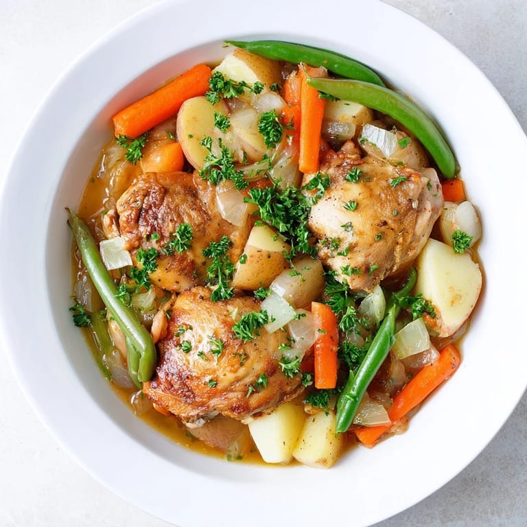 Tender chicken and colorful vegetables simmered in Slow-Cooker Chicken & Vegetable Stew, ready to be enjoyed.