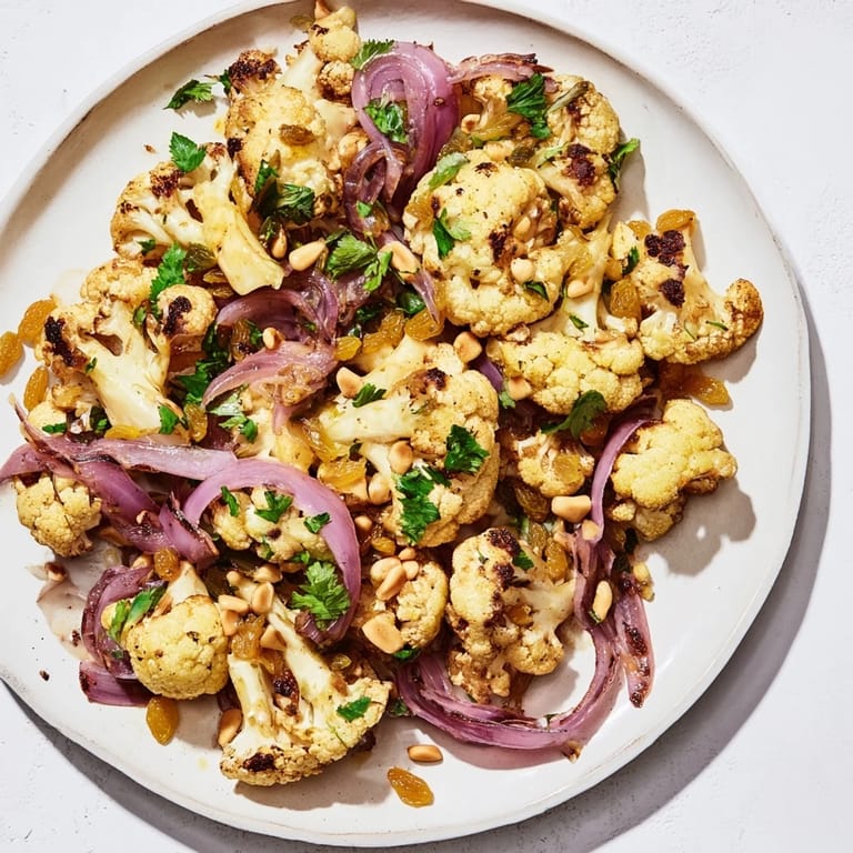 Freshly tossed, warm roasted cauliflower and lemon pine-nut dressing salad, ready to eat now.