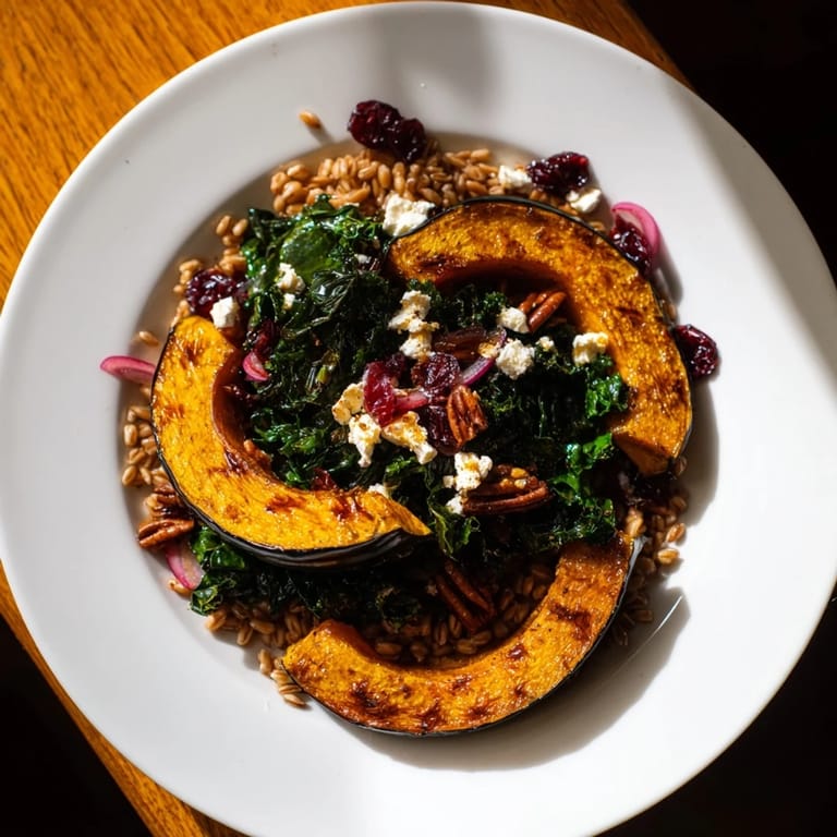Earthy farro salad with sweet maple roasted acorn squash, punctuated by tangy vinaigrette and goat cheese.