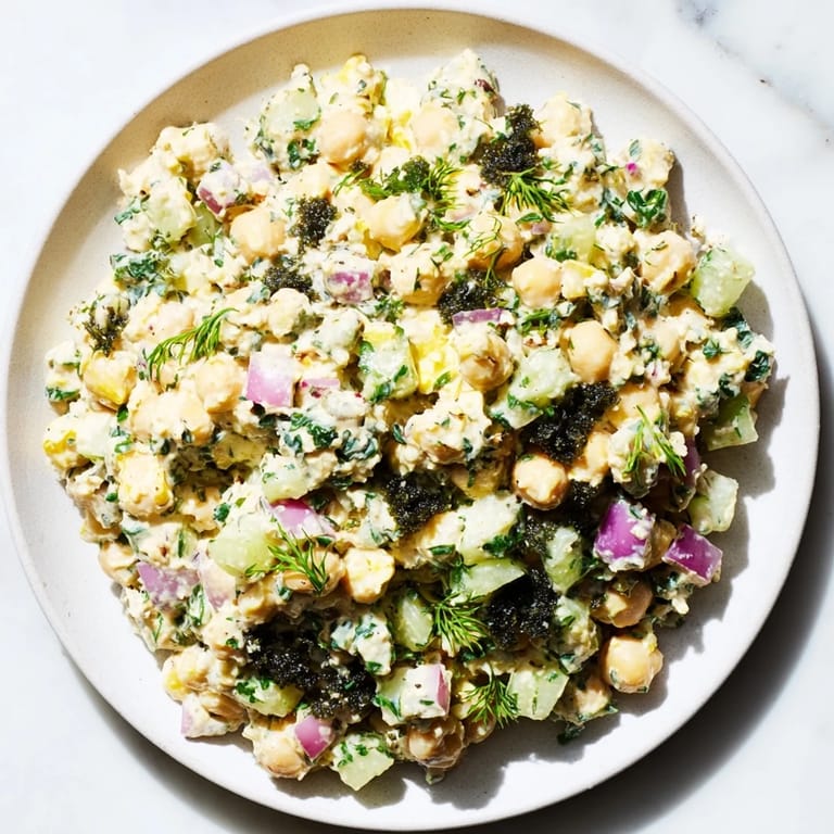 Vibrant plate of chickpea tuna salad, tossed in a creamy dressing ready to enjoy as a salad.
