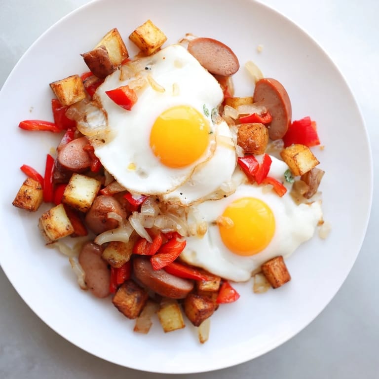 Smoky-flavored Egg & Potato Hash with sizzling hot dogs and perfectly cooked eggs on a plate.
