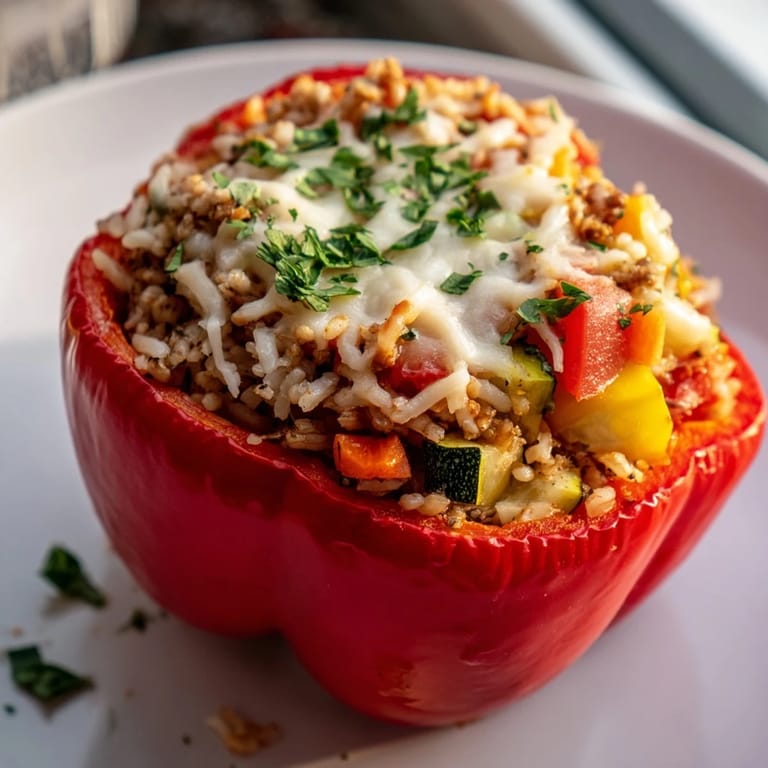Beautiful, colorful display of Stuffed Peppers with a delicious ground turkey and rice filling.