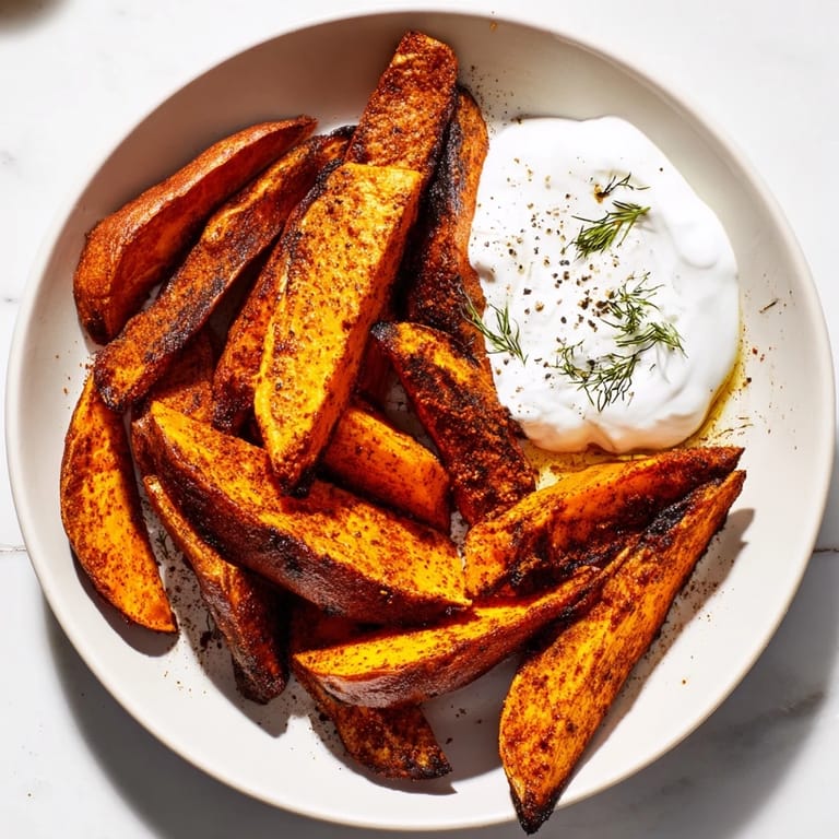 Close-up of perfectly browned roasted sweet potato wedges ready to be dipped into cool yogurt.