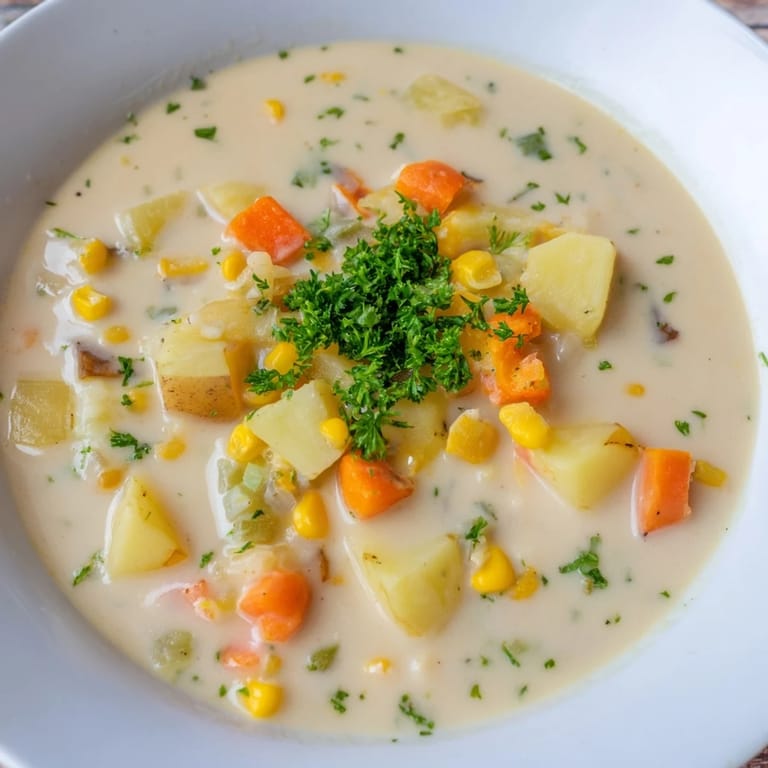 Homemade Corn & Potato Chowder with tender corn and potatoes, perfect food for a chilly evening.