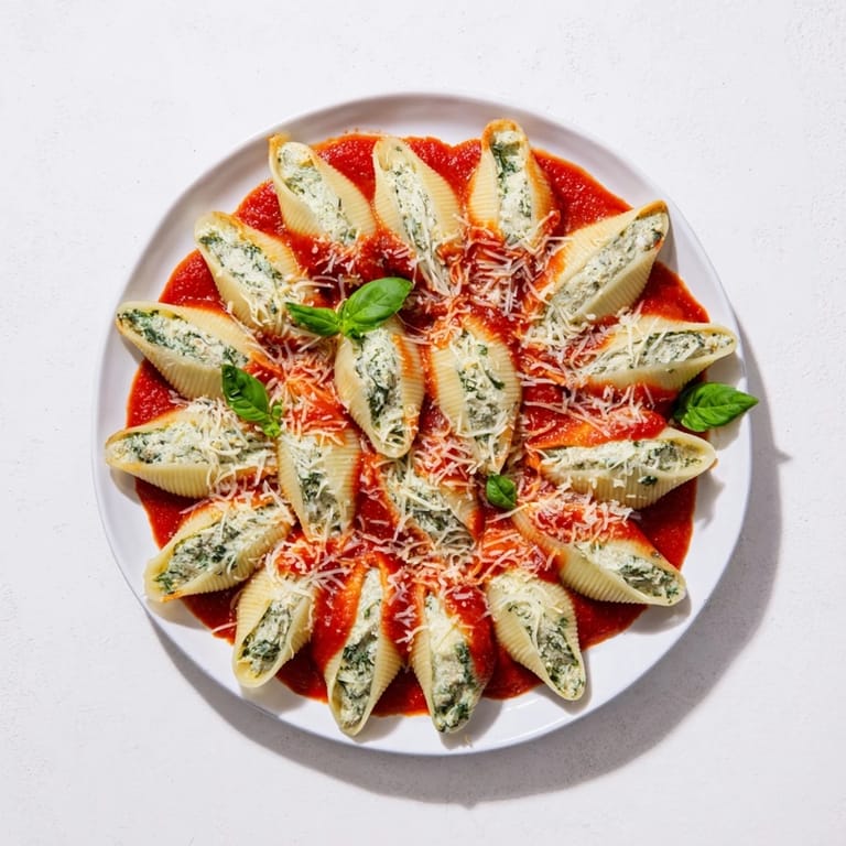A baking dish displaying a delicious Pesto and Ricotta Stuffed Shells dish with melted mozzarella cheese.