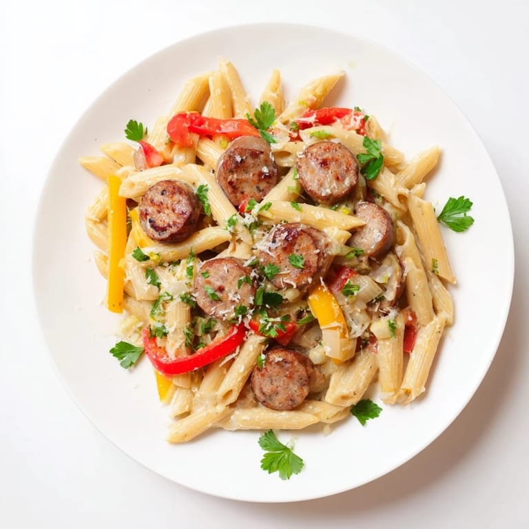 A generous serving of rich Smoked Sausage Cajun Alfredo with penne, showcasing the delicious sauce.