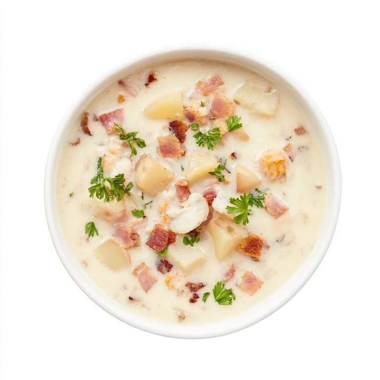 Thick, hearty New England Clam Chowder, perfect for a cold day, served with oyster crackers.