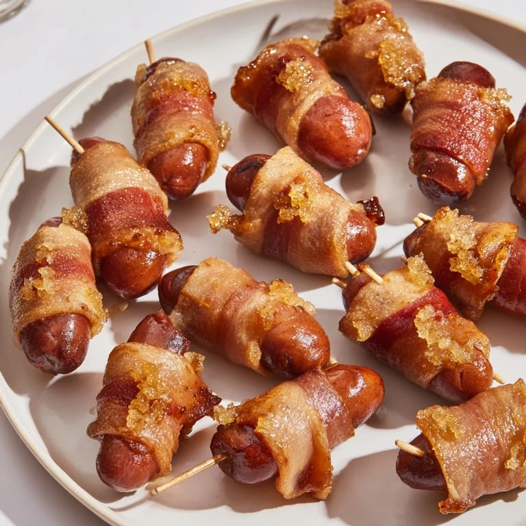 Savory 3-ingredient bacon-wrapped smokies, cooked until bacon is perfectly crisp and golden brown.