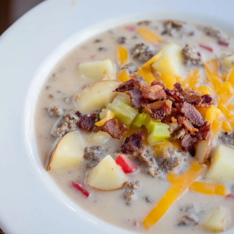 Steaming Crockpot Cheeseburger Soup: imagine savory beef, melting cheese, and bacon; delicious comfort food.