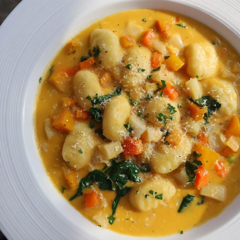 A close-up view shows the creamy texture of the Savory Butternut Squash Gnocchi Soup in a rustic bowl.