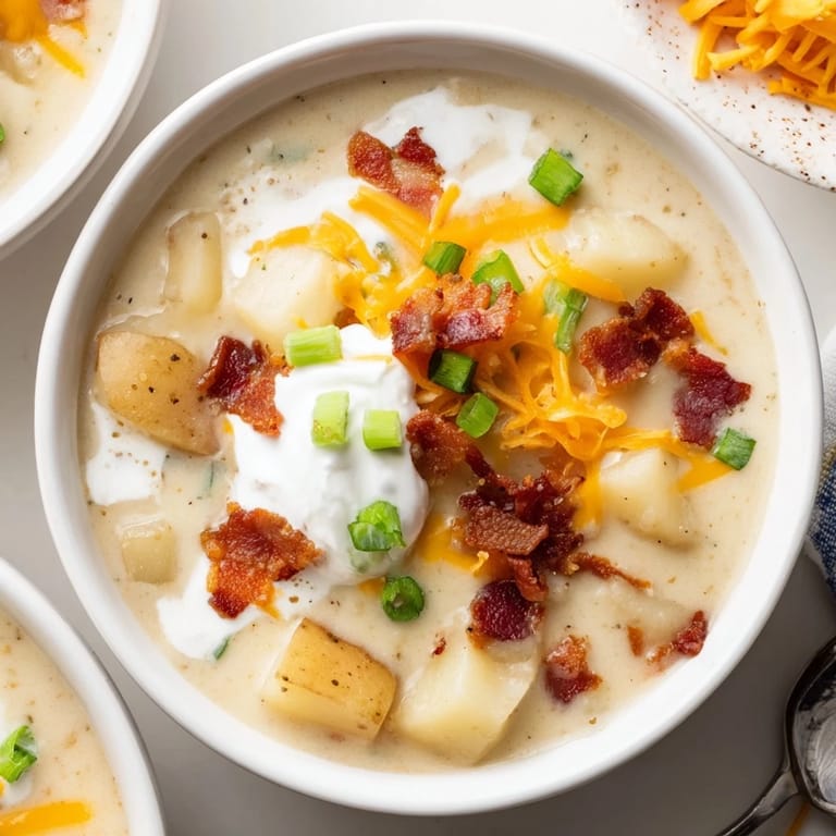 Hearty Crockpot Loaded Baked Potato Soup, a comforting meal with melted cheese and crumbled bacon.
